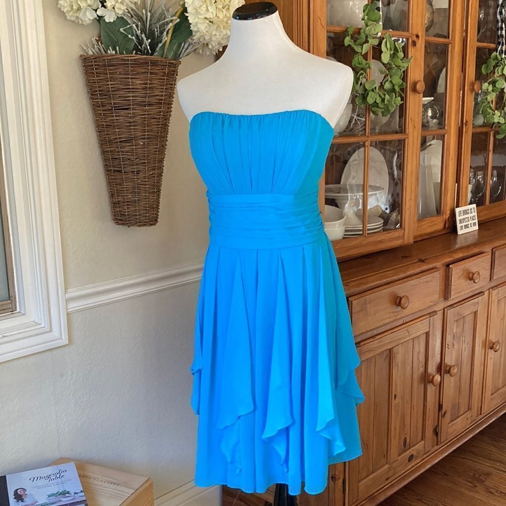 David’s Bridal Turquoise Strapless Pleated Waistband Shark Hem Party Dress Sz 10